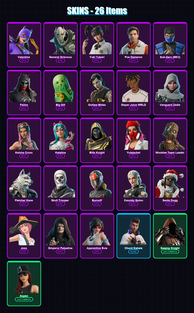 [PC/XBOX/PSN] | Valentina | General Grievous | Yuki Yubari | Poe Dameron | Sub-Zero (MK3) | 26 skin | 75 pickaxe | 41 emote | 46 glider | Lv1106