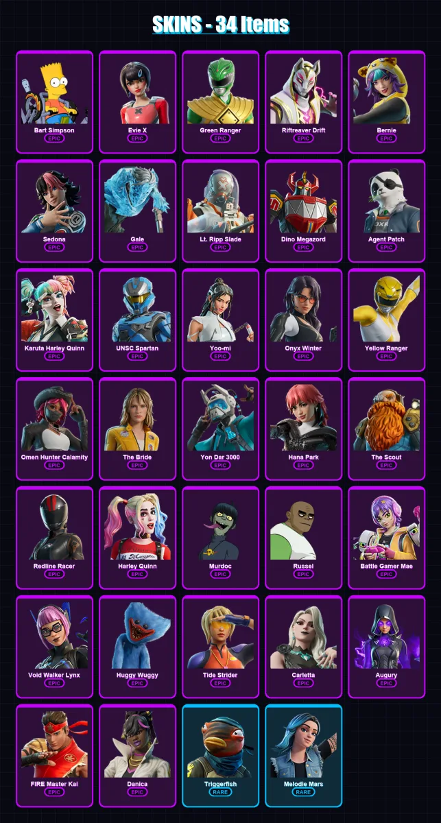 [PC/XBOX/PSN] | Bart Simpson | Evie X | Green Ranger | Riftreaver Drift | Bernie | 34 skin | 38 pickaxe | 36 emote | 21 glider | Lv166