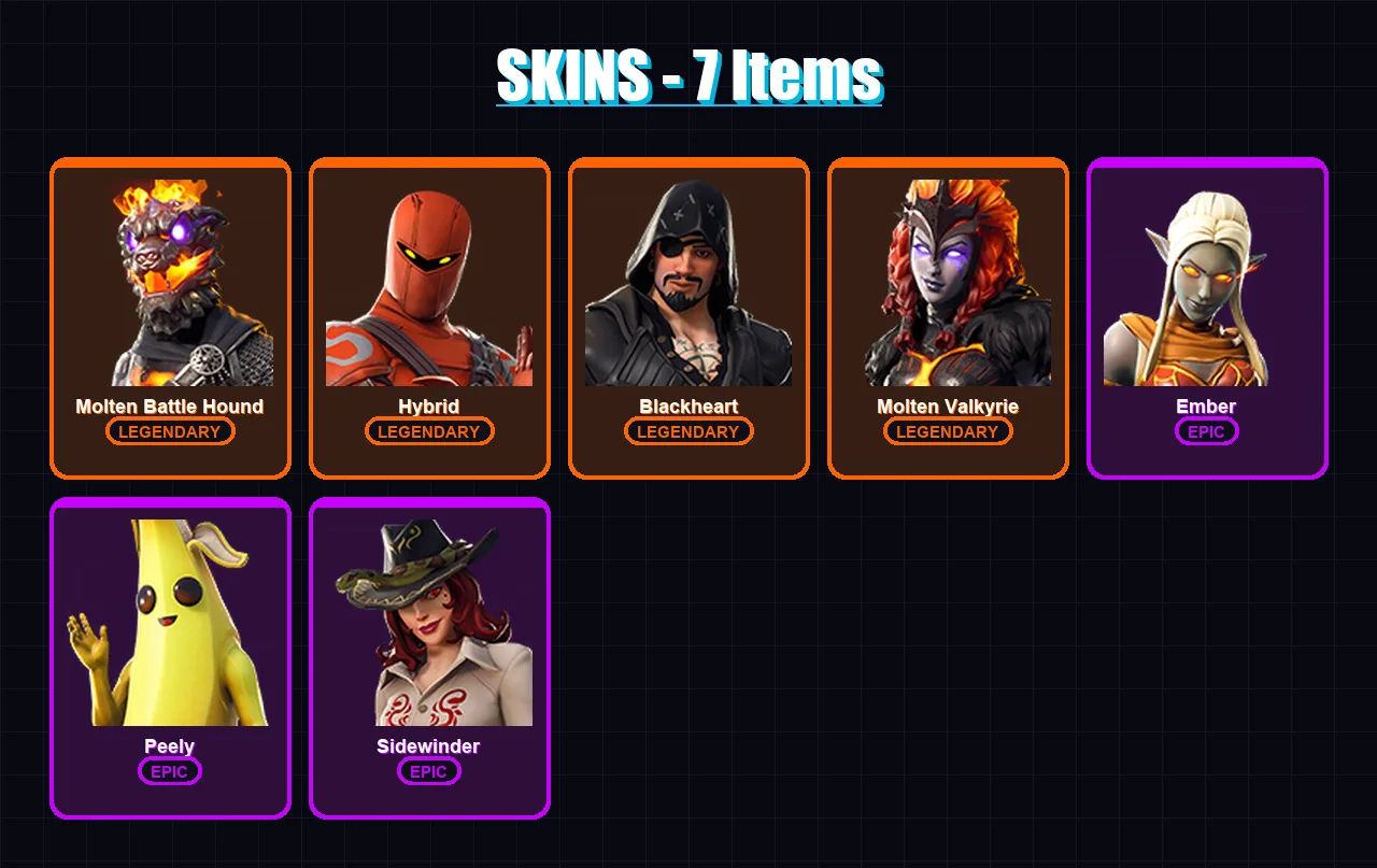 [PS4/PS5/XBOX/PC] | Molten Battle Hound | Hybrid | Blackheart | Molten Valkyrie | Ember | 7 skin | 10 pickaxe | 14 emote | 14 glider | Lv173