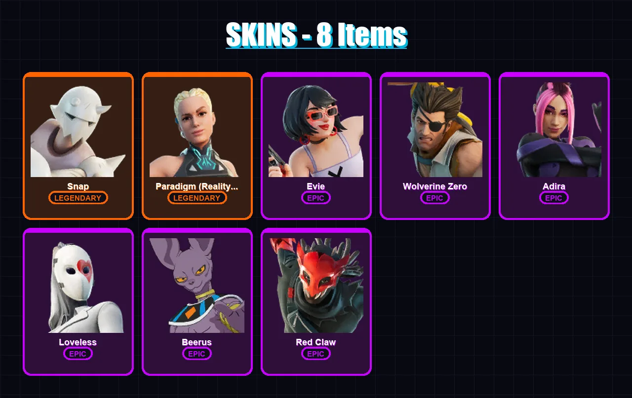 [PC/XBOX/PSN] | Snap | Paradigm (Reality-659) | Evie | Wolverine Zero | Adira | 8 skin | 19 pickaxe | 10 emote | 10 glider | Lv188
