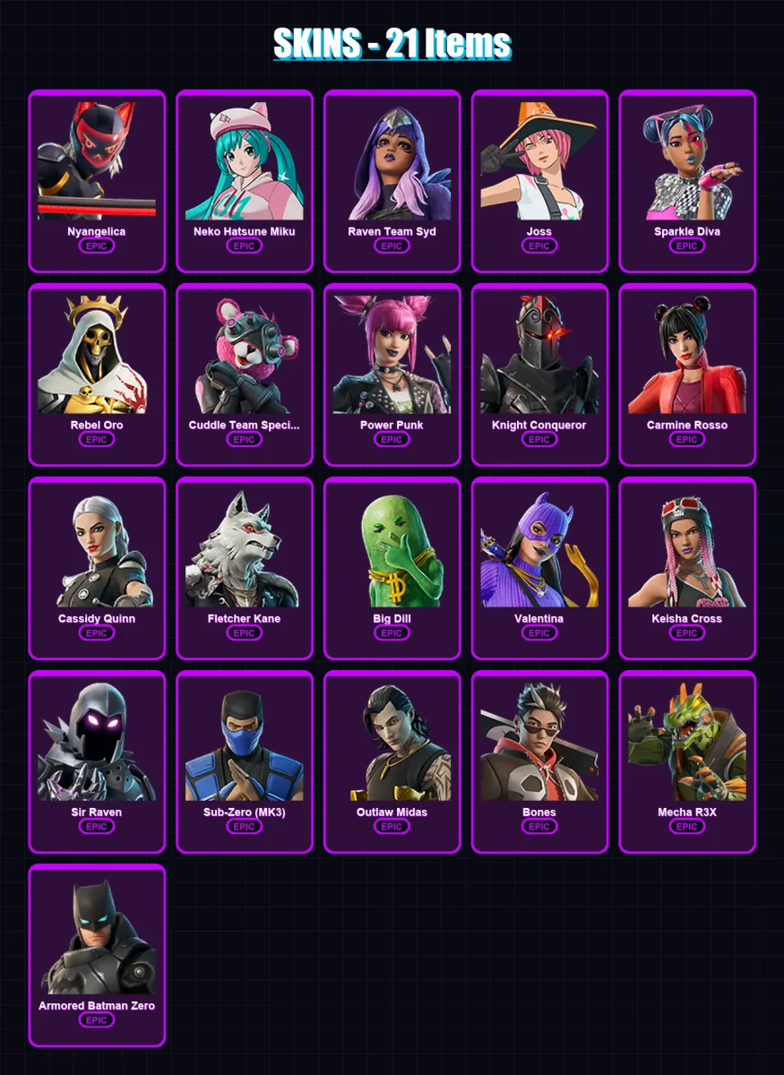 [PC/XBOX] | Nyangelica | Neko Hatsune Miku | Raven Team Syd | Joss | Sparkle Diva | 21 skin | 29 pickaxe | 28 emote | 25 glider | Lv275