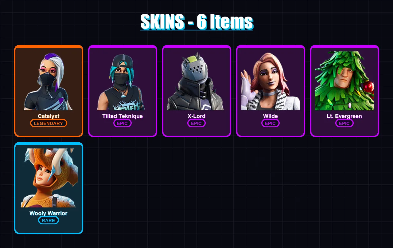 [PS4/PS5/XBOX/PC] | Catalyst | Tilted Teknique | X-Lord | Wilde | Lt. Evergreen | 6 skin | 6 pickaxe | 4 emote | 4 glider | Lv35