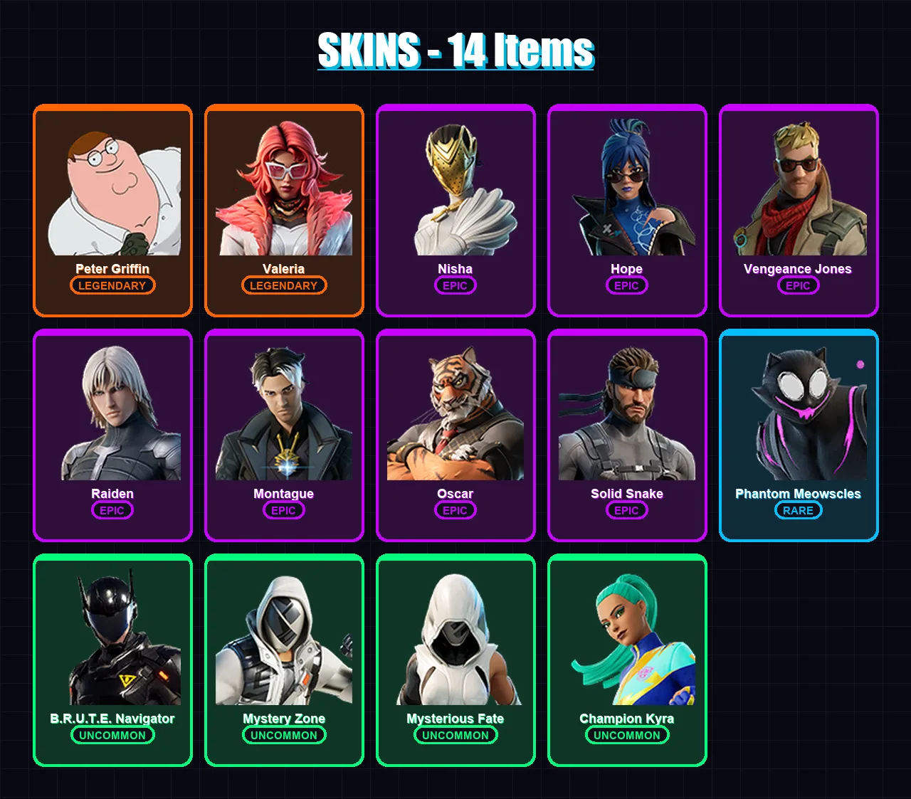 [PC/XBOX/PSN] | Peter Griffin | Valeria | Nisha | Hope | Vengeance Jones | 14 skin | 21 pickaxe | 19 emote | 18 glider | Lv264 — Fortnite account