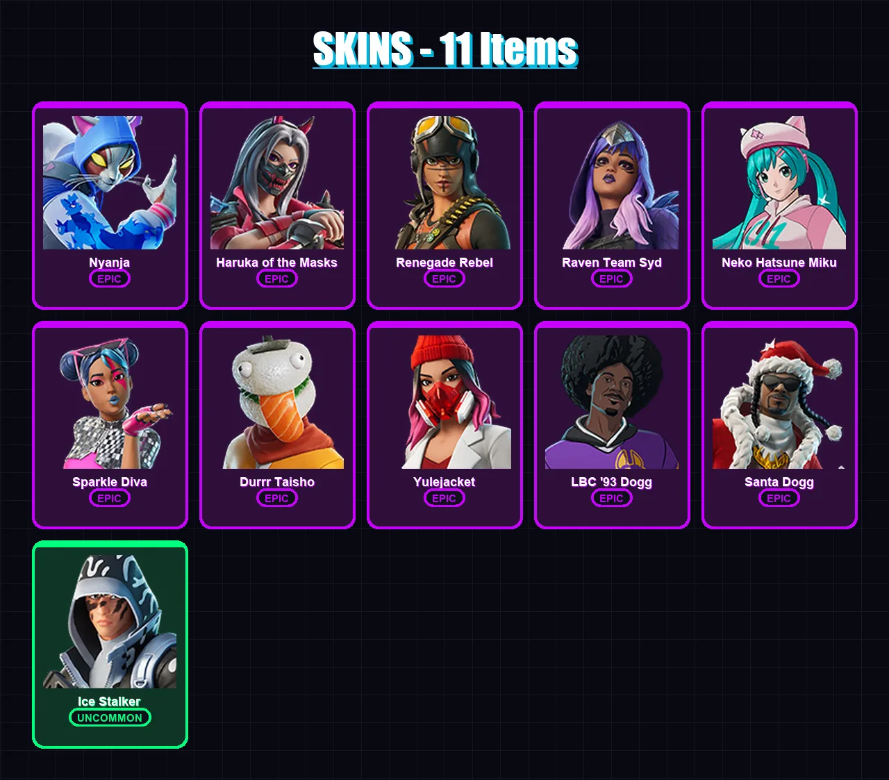 [PC/XBOX/PSN] | Nyanja | Haruka of the Masks | Renegade Rebel | Raven Team Syd | Neko Hatsune Miku | 11 skin | 8 pickaxe | 3 emote | 6 glider | Lv38
