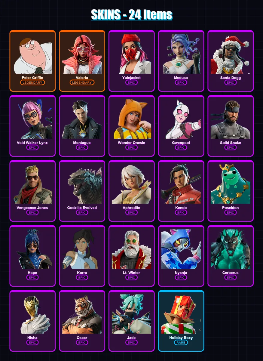 [SWITCH/XBOX/PC] | Peter Griffin | Valeria | Yulejacket | Medusa | Santa Dogg | 24 skin | 42 pickaxe | 29 emote | 34 glider | Lv342