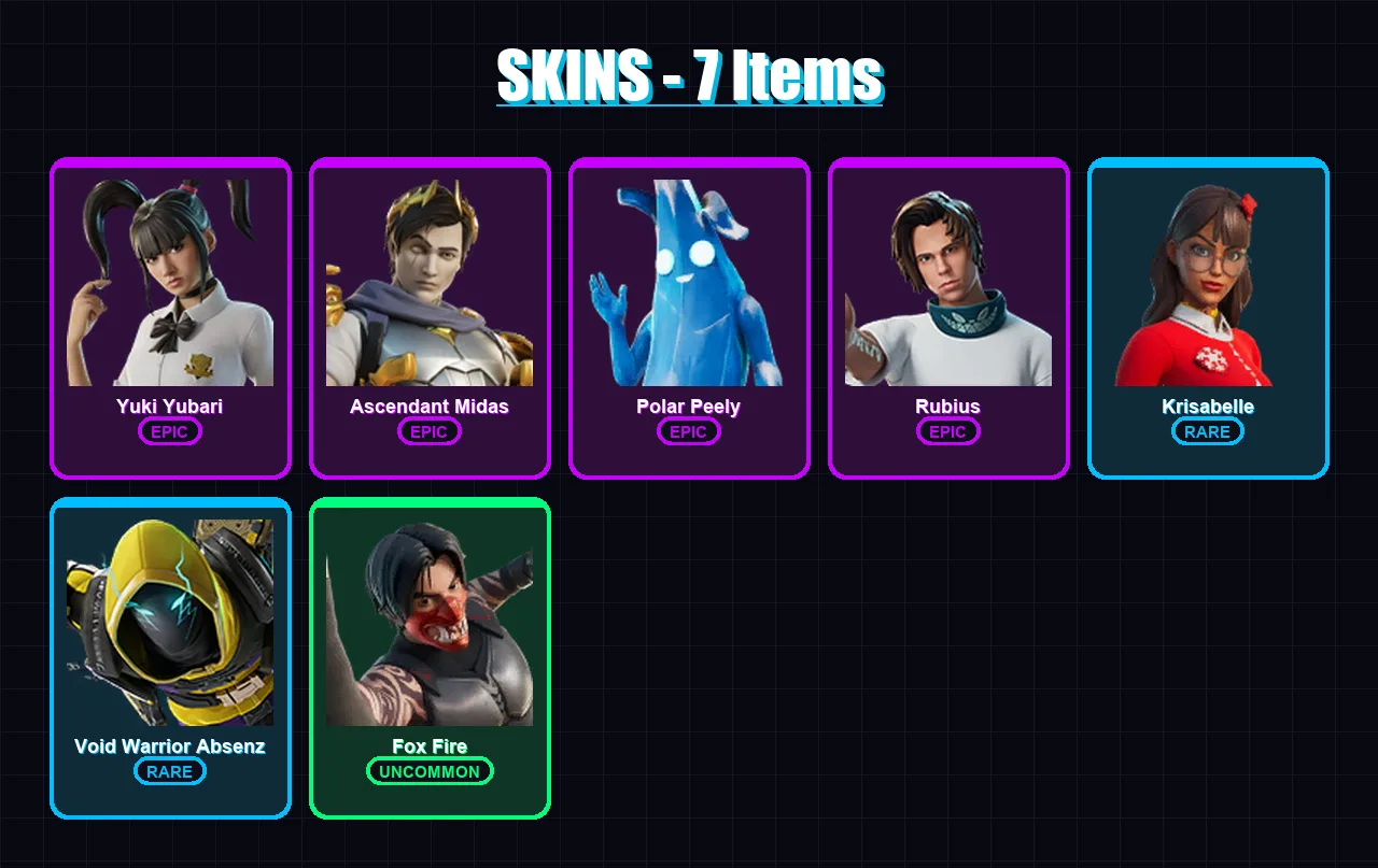 [PC/PSN] | Yuki Yubari | Ascendant Midas | Polar Peely | Rubius | Krisabelle | 7 skin | 36 pickaxe | 23 emote | 32 glider | Lv378