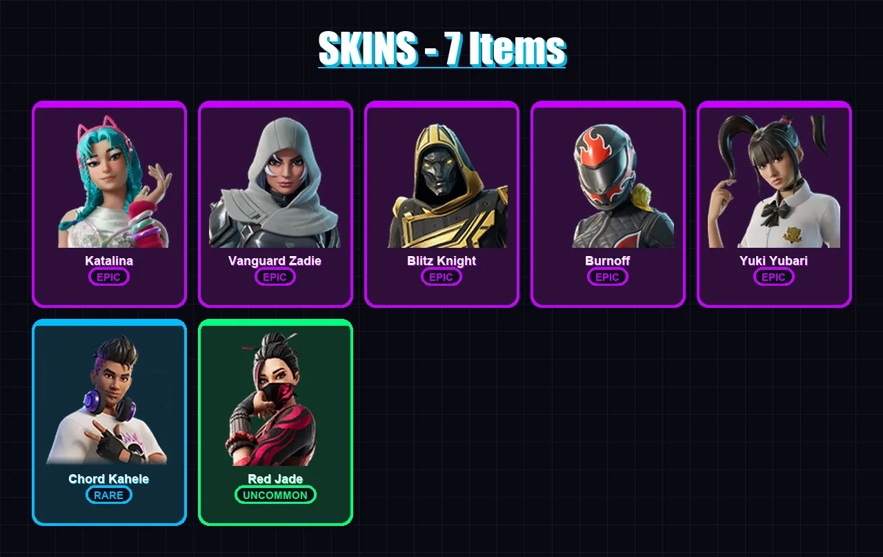 [PC/XBOX/PSN] | Katalina | Vanguard Zadie | Blitz Knight | Burnoff | Yuki Yubari | 7 skin | 48 pickaxe | 19 emote | 32 glider | Lv310