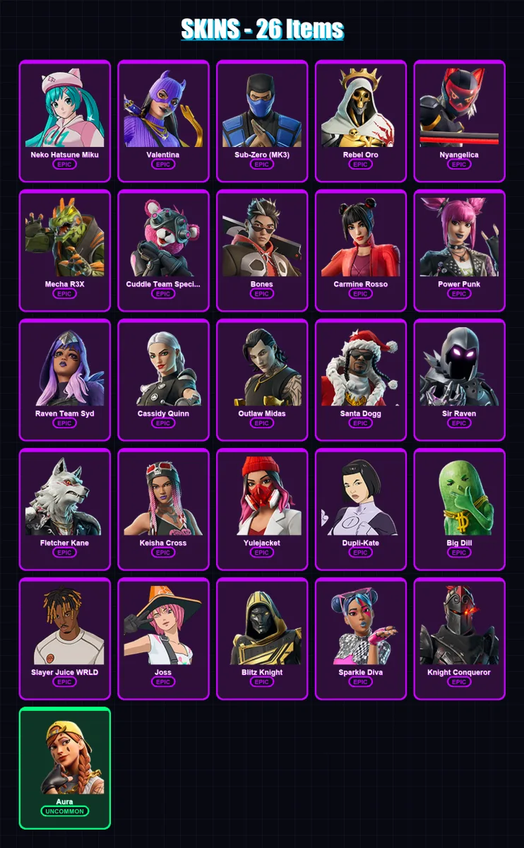 [PC/XBOX/PSN] | Neko Hatsune Miku | Valentina | Sub-Zero (MK3) | Rebel Oro | Nyangelica | 26 skin | 48 pickaxe | 35 emote | 34 glider | Lv644