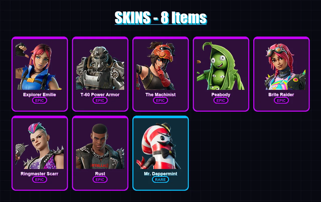 [PC/XBOX/PSN] | Explorer Emilie | T-60 Power Armor | The Machinist | Peabody | Brite Raider | 8 skin | 9 pickaxe | 8 emote | 9 glider | Lv110