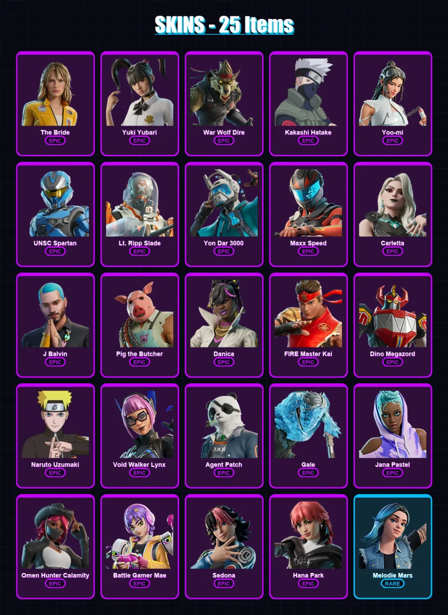 [PC/PSN] | The Bride | Yuki Yubari | War Wolf Dire | Kakashi Hatake | Yoo-mi | 25 skin | 25 pickaxe | 25 emote | 16 glider | Lv129