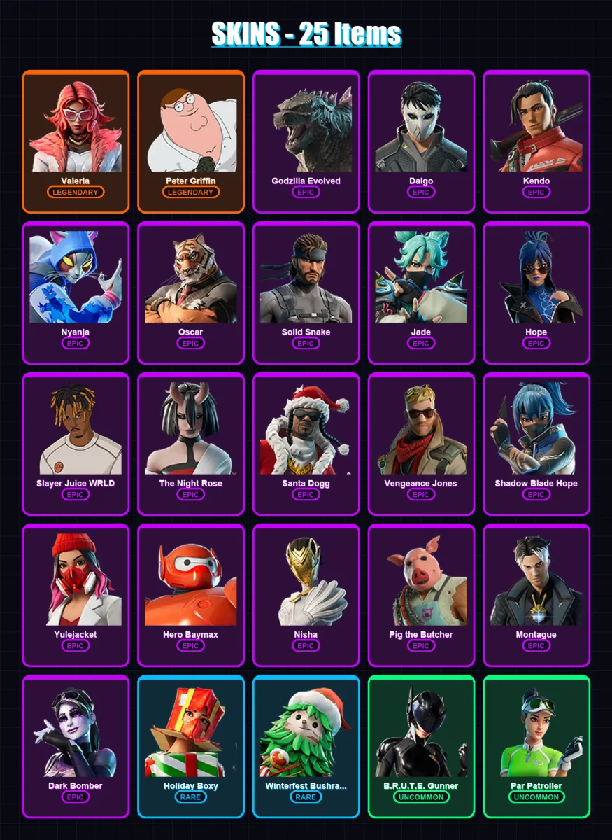 [PC/PSN] | Valeria | Peter Griffin | Godzilla Evolved | Daigo | Kendo | 25 skin | 59 pickaxe | 32 emote | 43 glider | Lv556