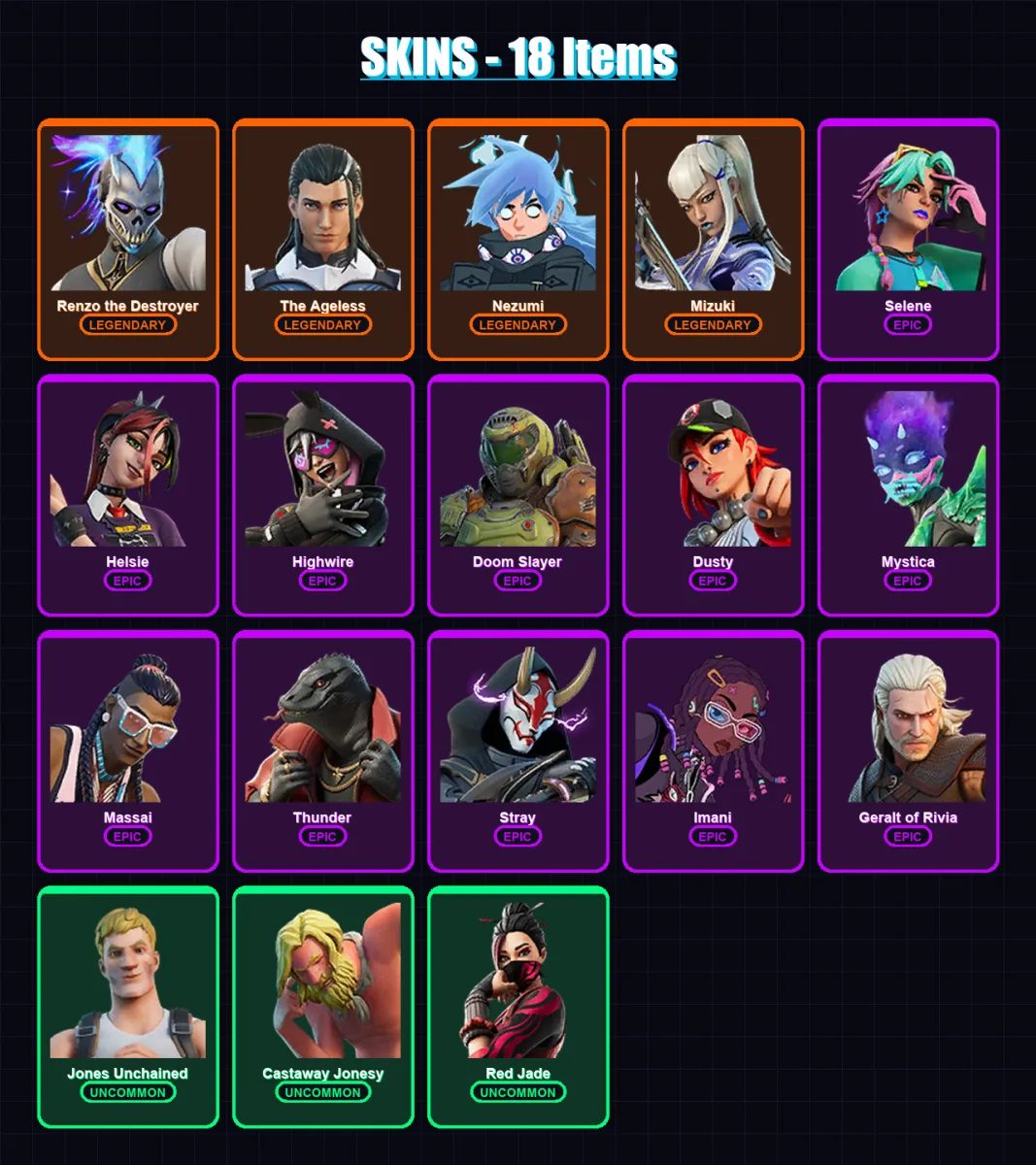 [PC/PSN] | Renzo the Destroyer | The Ageless | Nezumi | Mizuki | Selene | 18 skin | 27 pickaxe | 25 emote | 30 glider | Lv390