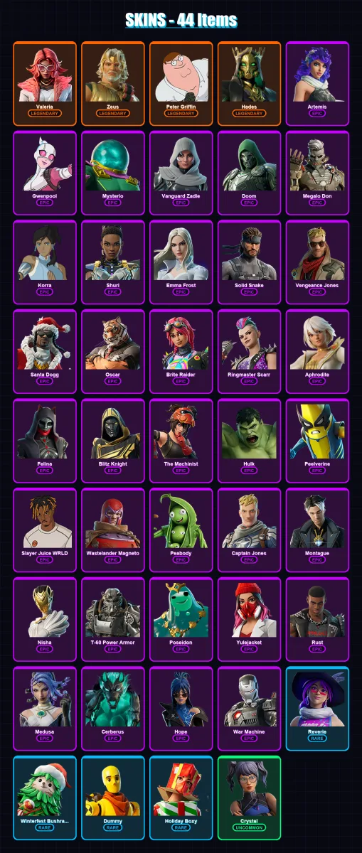 [SWITCH/XBOX/PSN/PC] | Valeria | Zeus | Peter Griffin | Hades | Artemis | 44 skin | 93 pickaxe | 63 emote | 64 glider | Lv1772
