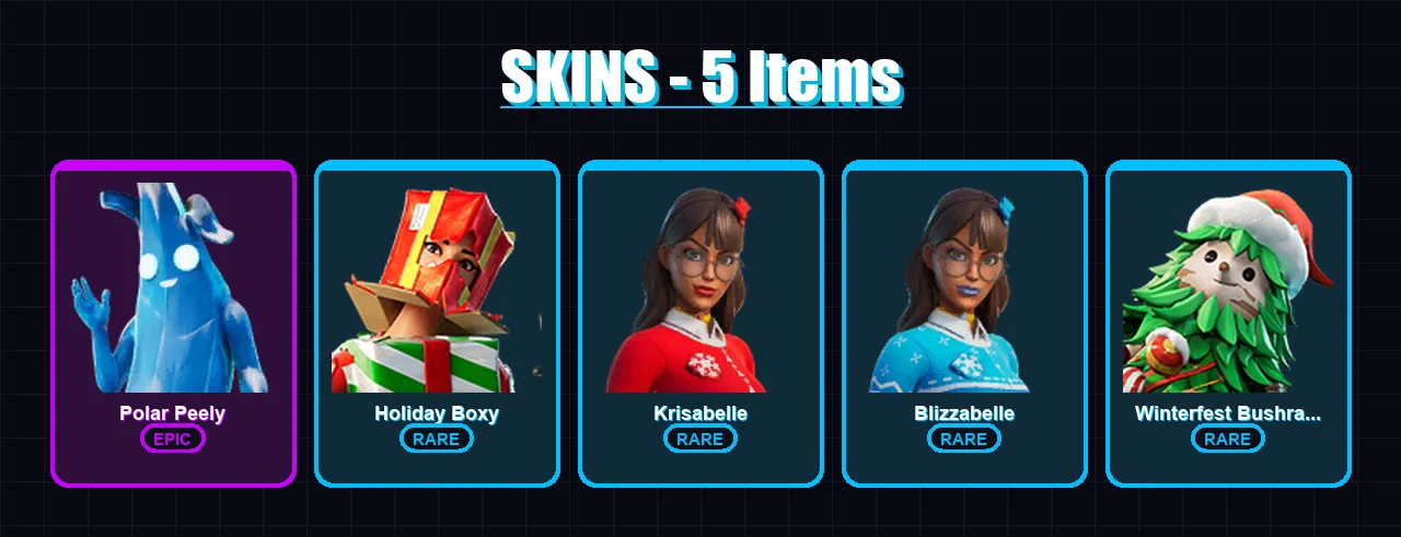 [PC/XBOX] | Polar Peely | Holiday Boxy | Krisabelle | Blizzabelle | Winterfest Bushranger | 5 skin | 13 pickaxe | 9 emote | 8 glider | Lv119
