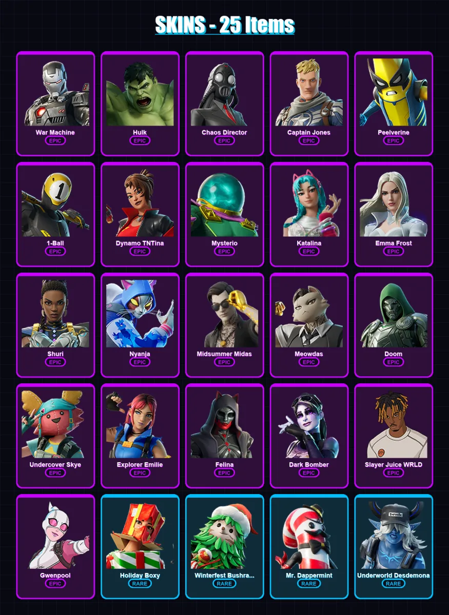 [PS4/PS5/XBOX/PC] | War Machine | Hulk | Chaos Director | Captain Jones | Peelverine | 25 skin | 32 pickaxe | 30 emote | 29 glider | Lv759