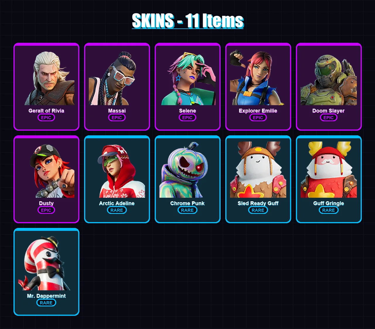 [PC/PSN] | Geralt of Rivia | Massai | Selene | Explorer Emilie | Doom Slayer | 11 skin | 11 pickaxe | 11 emote | 14 glider | Lv162