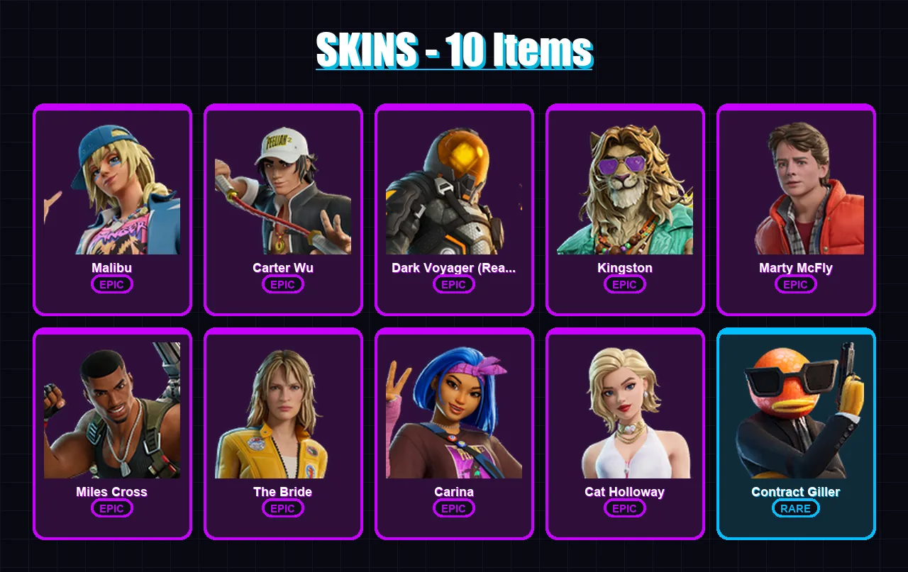[PC/XBOX/PSN] | Malibu | Carter Wu | Dark Voyager (Reality Redacted) | Kingston | Marty McFly | 10 skin | 19 pickaxe | 14 emote | 14 glider | Lv181