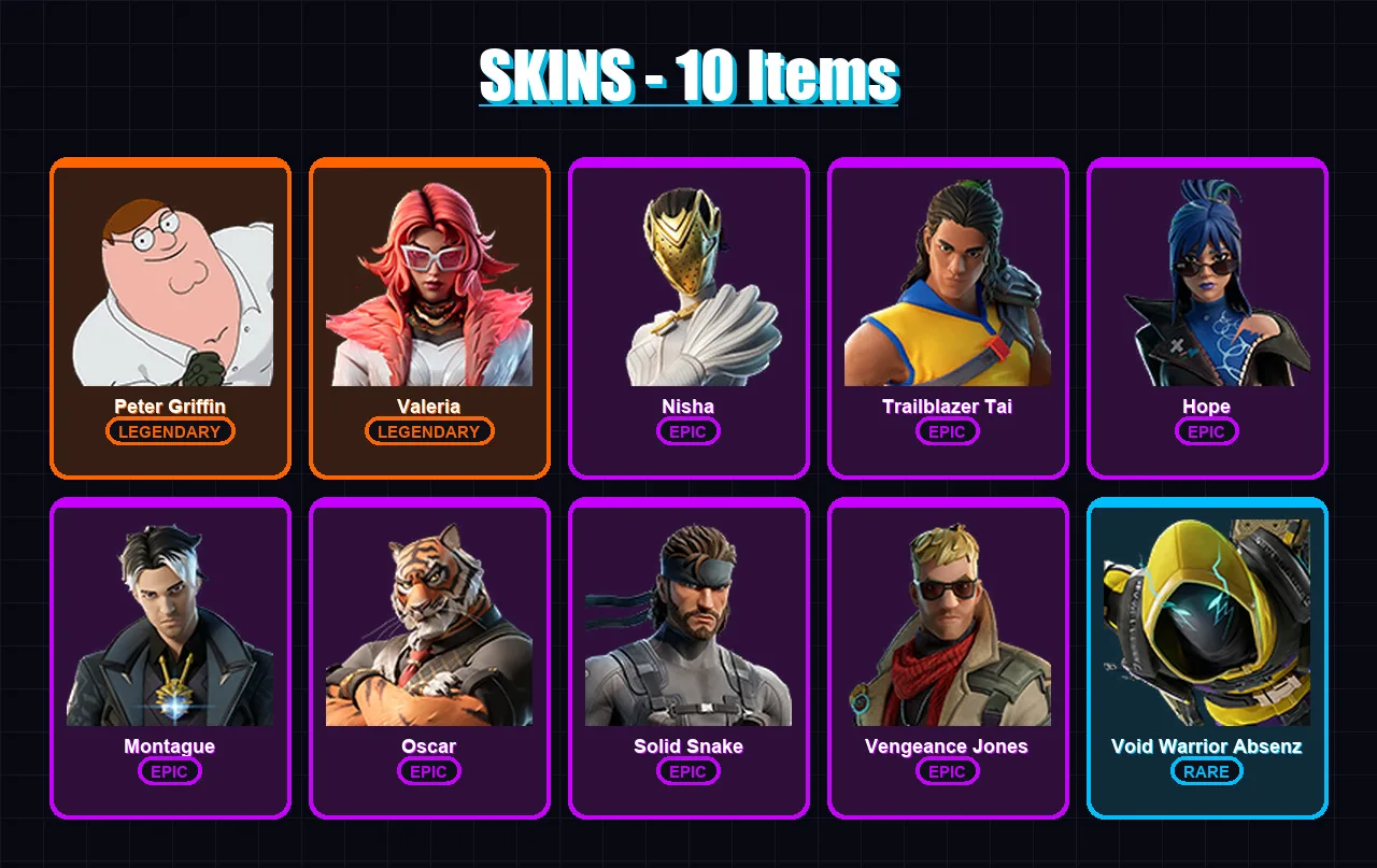 [PC/XBOX/PSN] | Peter Griffin | Valeria | Nisha | Trailblazer Tai | Hope | 10 skin | 31 pickaxe | 23 emote | 24 glider | Lv291