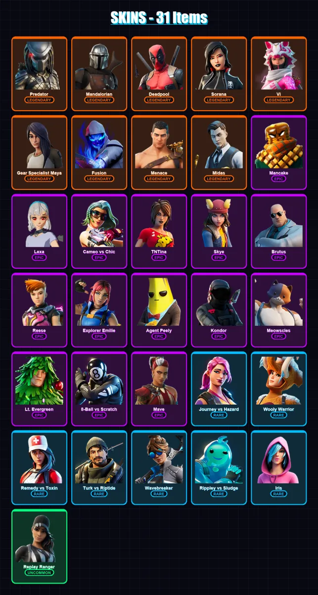 [PC/XBOX/PSN] | Predator | Mandalorian | Deadpool | Sorana | Vi | 31 skin | 32 pickaxe | 38 emote | 33 glider | Lv708