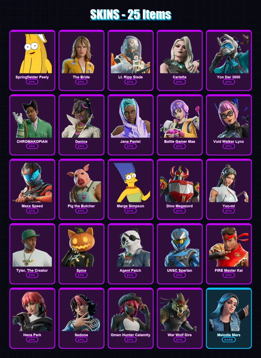 [PC/XBOX] | Springfielder Peely | The Bride | Lt. Ripp Slade | Carletta | Yon Dar 3000 | 25 skin | 27 pickaxe | 21 emote | 12 glider | Lv101