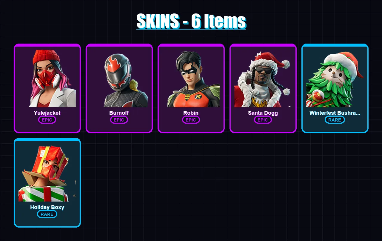 [PC/XBOX/PSN] | Yulejacket | Burnoff | Robin | Santa Dogg | Winterfest Bushranger | 6 skin | 33 pickaxe | 14 emote | 22 glider | Lv292