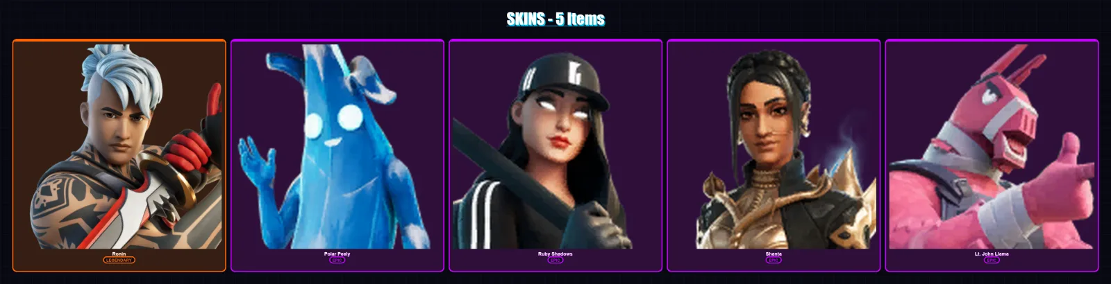 [PC/XBOX/PSN] | Ronin | Polar Peely | Ruby Shadows | Shanta | Lt. John Llama | 5 skin | 13 pickaxe | 11 emote | 16 glider | Lv217