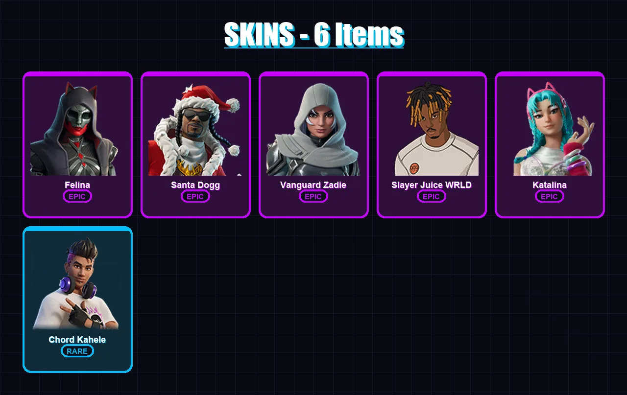[PC/PSN] | Felina | Santa Dogg | Vanguard Zadie | Slayer Juice WRLD | Katalina | 6 skin | 39 pickaxe | 15 emote | 20 glider | Lv273