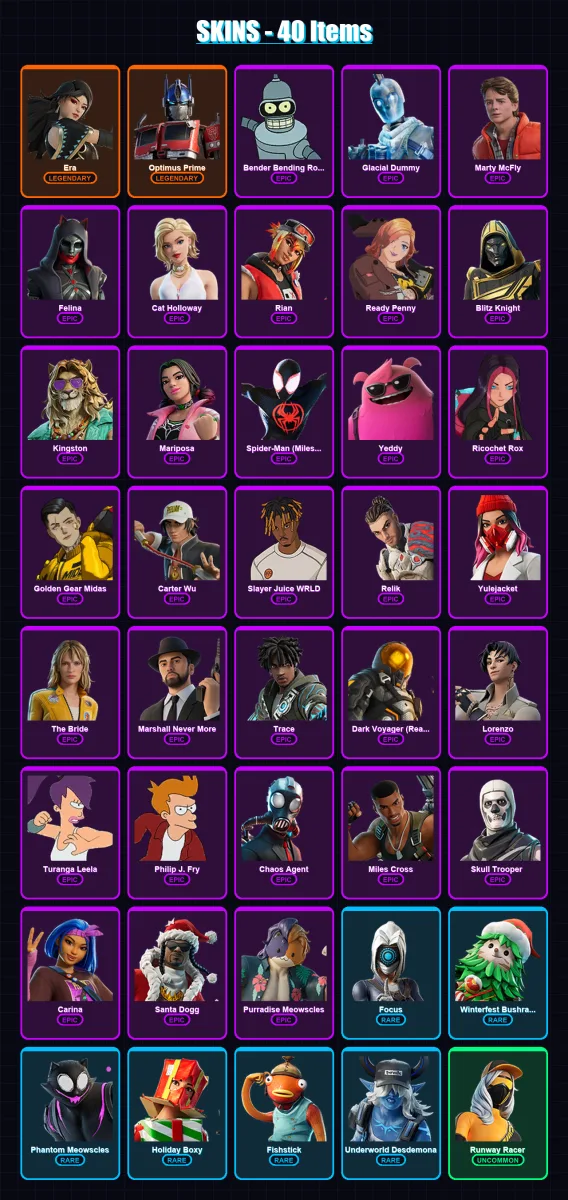 [PC/XBOX/PSN] | Era | Optimus Prime | Bender Bending Rodríguez | Glacial Dummy | Marty McFly | 40 skin | 104 pickaxe | 51 emote | 75 glider | Lv1435