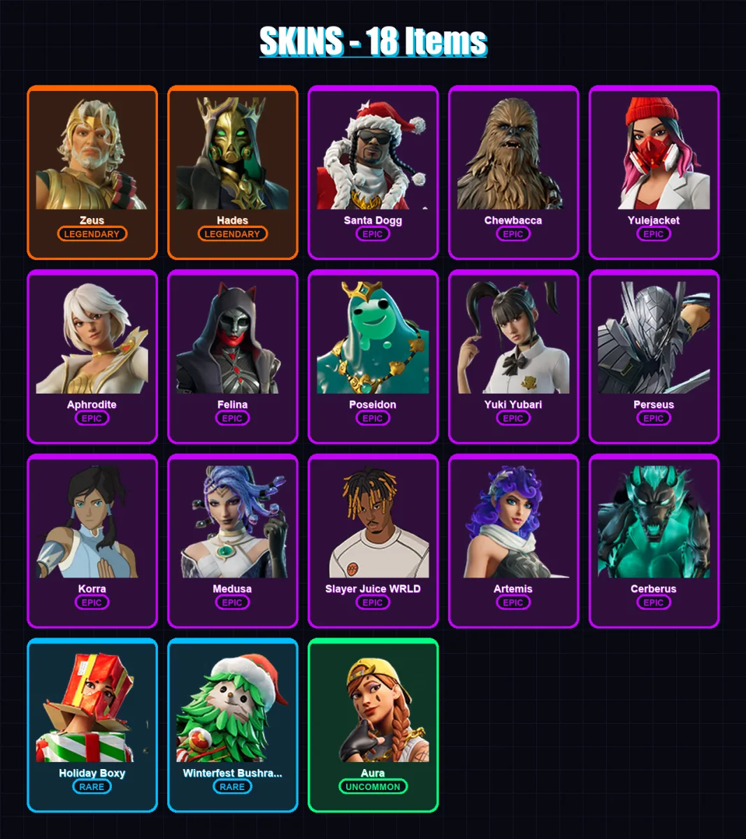 [PS4/PS5/XBOX/PC] | Zeus | Hades | Santa Dogg | Chewbacca | Yulejacket | 18 skin | 73 pickaxe | 39 emote | 56 glider | Lv1205