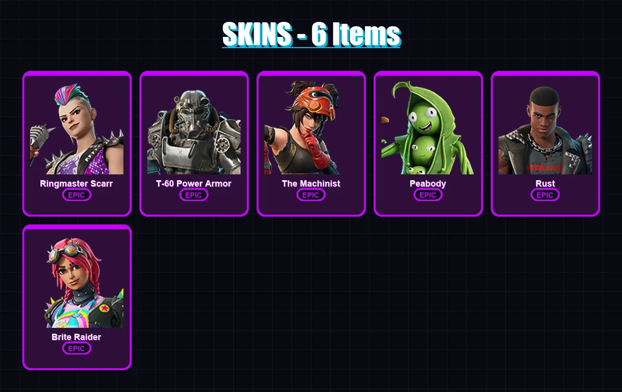 [PS4/PS5/XBOX/PC] | Ringmaster Scarr | T-60 Power Armor | The Machinist | Peabody | Rust | 6 skin | 16 pickaxe | 13 emote | 21 glider | Lv256