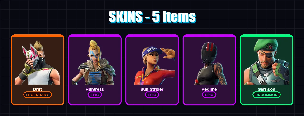 [PC/XBOX/PSN] | Drift | Huntress | Sun Strider | Redline | Garrison | 5 skin | 4 pickaxe | 6 emote | 8 glider | Lv131