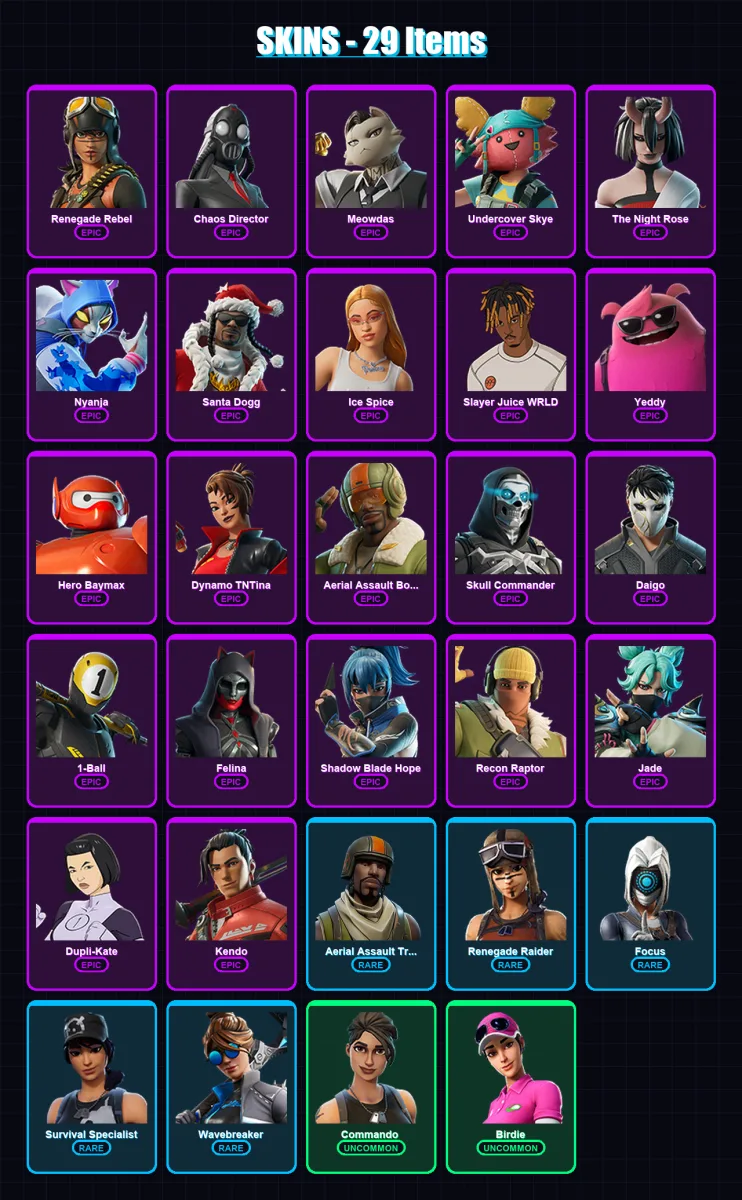 [PC/PSN] | Renegade Rebel | Chaos Director | Meowdas | Undercover Skye | The Night Rose | 29 skin | 57 pickaxe | 35 emote | 42 glider | Lv760