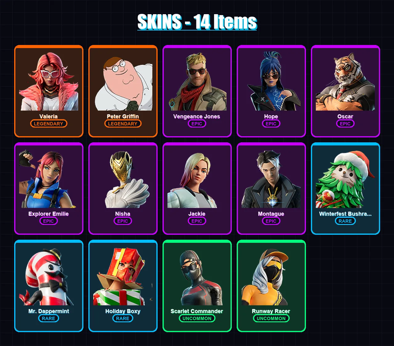 [PS4/PS5/XBOX/PC] | Valeria | Peter Griffin | Vengeance Jones | Hope | Oscar | 14 skin | 15 pickaxe | 14 emote | 13 glider | Lv287