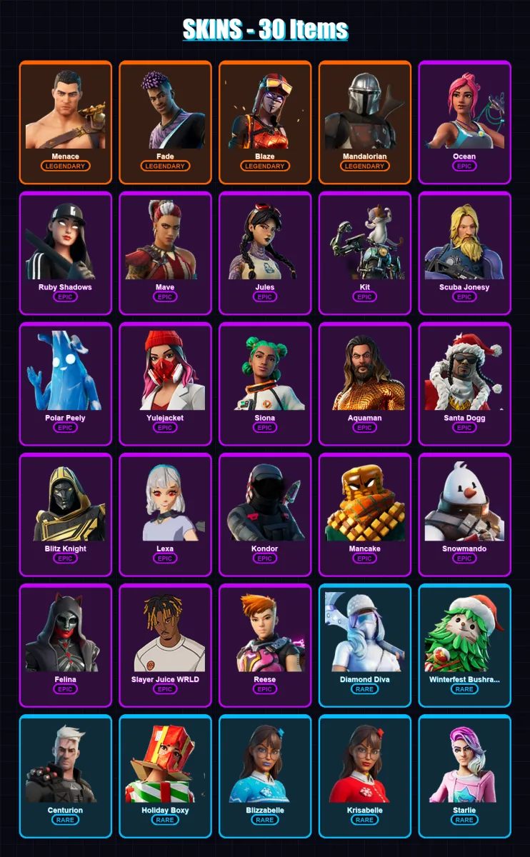 [PC/XBOX/PSN] | Menace | Fade | Blaze | Mandalorian | Ocean | 30 skin | 72 pickaxe | 54 emote | 56 glider | Lv913