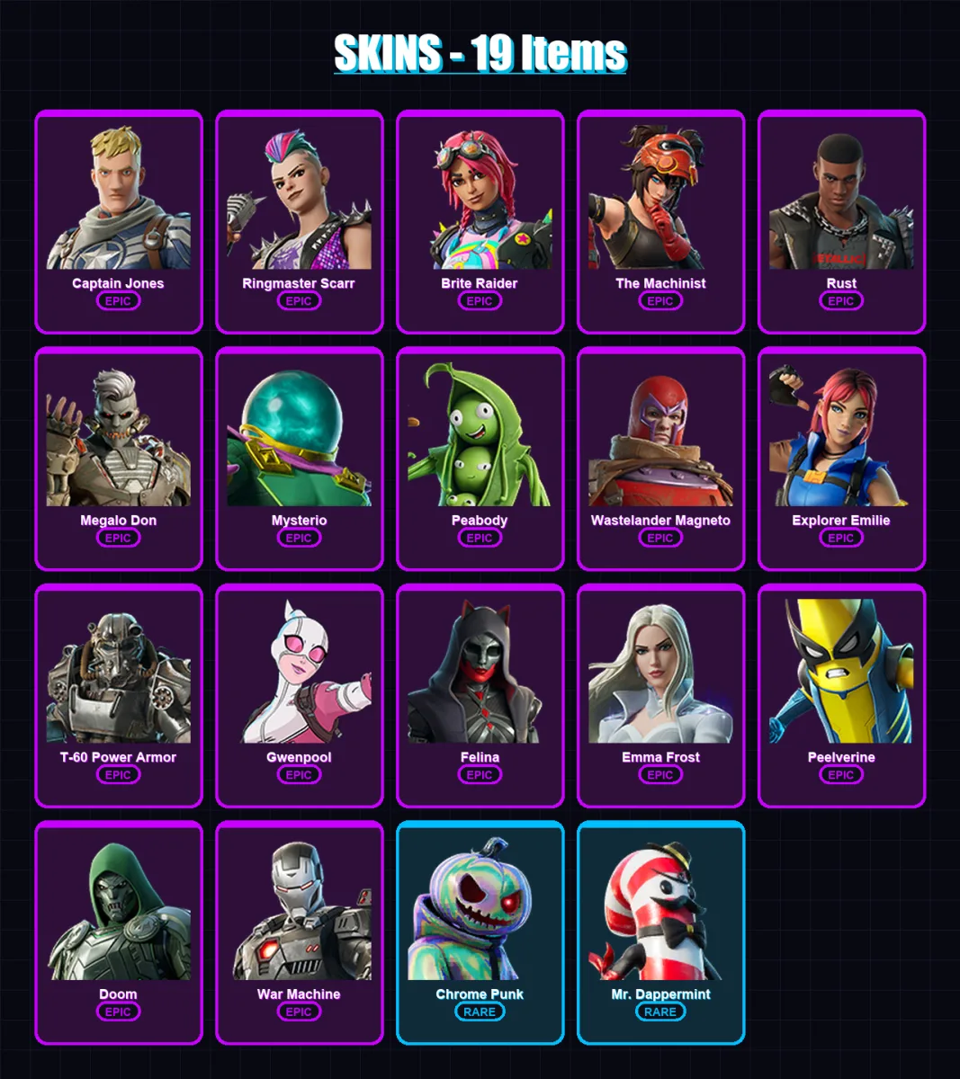 [PC/XBOX/PSN] | Captain Jones | Ringmaster Scarr | Brite Raider | The Machinist | Rust | 19 skin | 26 pickaxe | 21 emote | 29 glider | Lv417