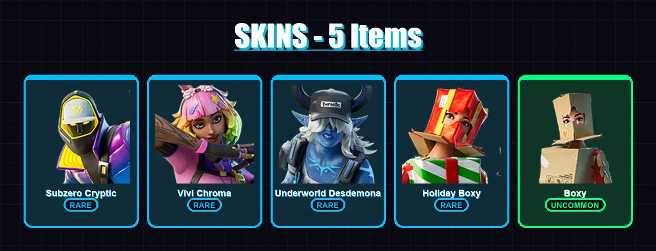 [PC/PSN] | Subzero Cryptic | Vivi Chroma | Underworld Desdemona | Holiday Boxy | Boxy | 5 skin | 14 pickaxe | 6 emote | 17 glider | Lv260