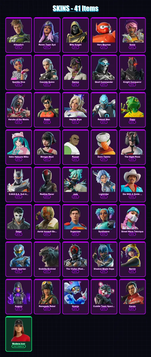 [PC/XBOX/PSN] | Killswitch | Raven Team Syd | Blitz Knight | Hero Baymax | Sonia | 41 skin | 46 pickaxe | 34 emote | 31 glider | Lv252