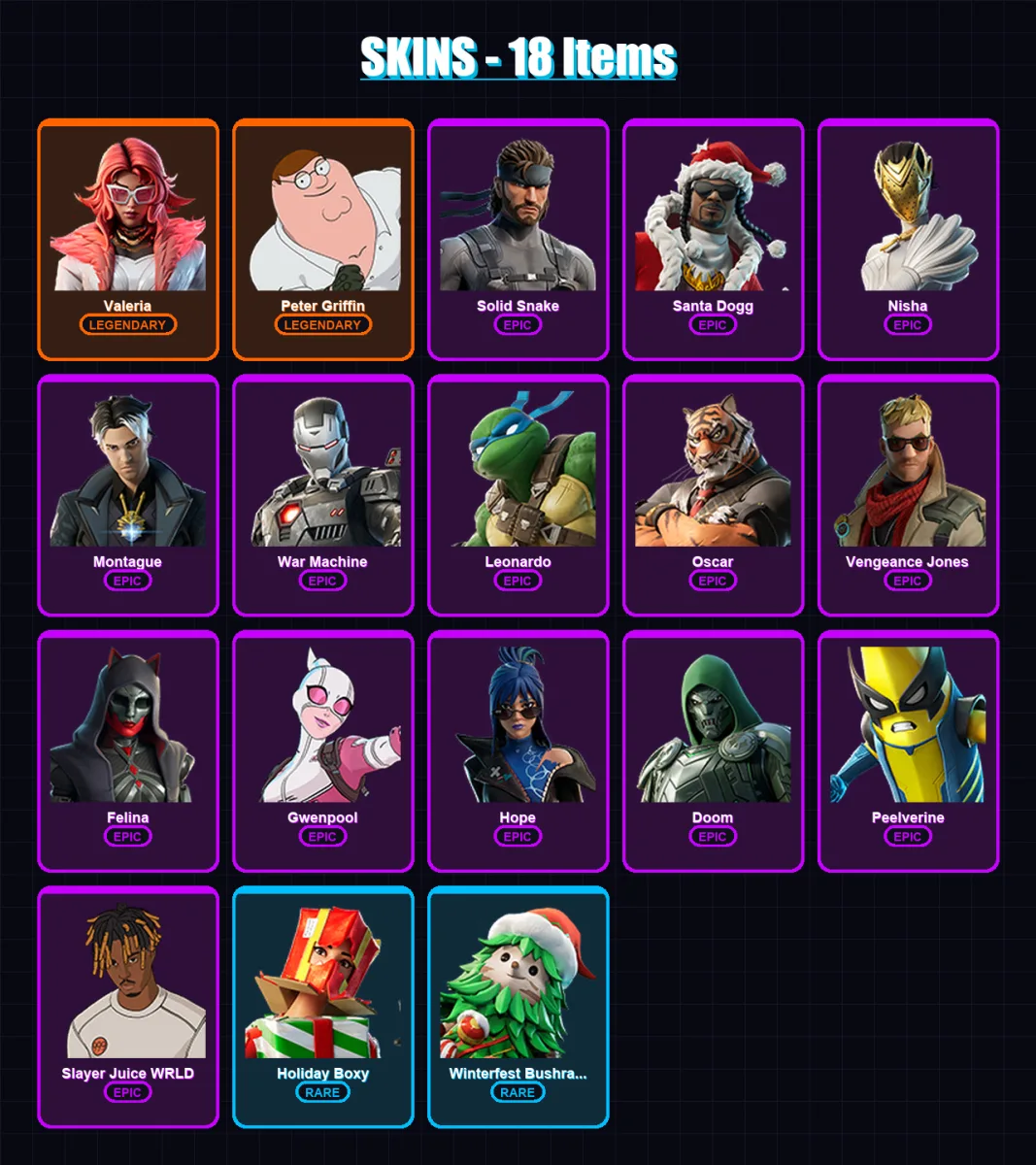 [PC/XBOX/PSN] | Valeria | Peter Griffin | Solid Snake | Santa Dogg | Nisha | 18 skin | 29 pickaxe | 15 emote | 21 glider | Lv243