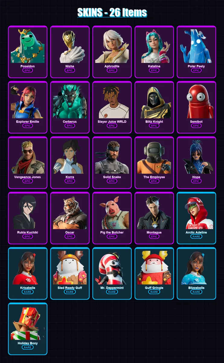 [PC/XBOX/PSN] | Poseidon | Nisha | Aphrodite | Katalina | Polar Peely | 26 skin | 53 pickaxe | 26 emote | 39 glider | Lv386
