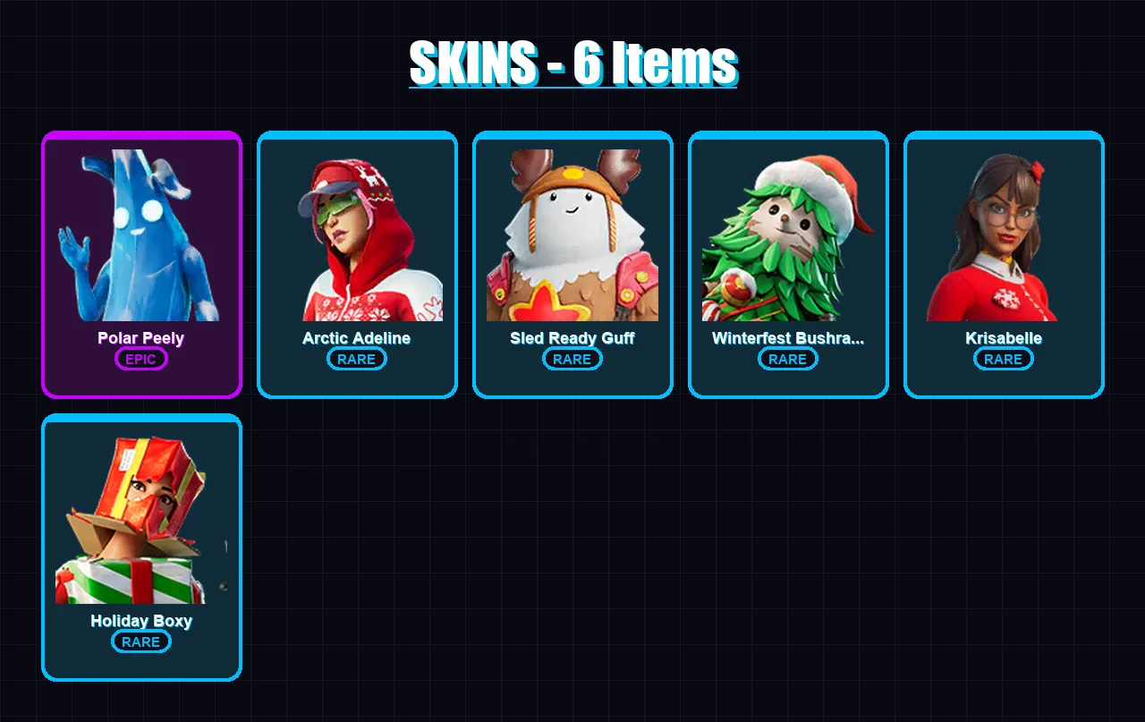 [PC/XBOX] | Polar Peely | Arctic Adeline | Sled Ready Guff | Winterfest Bushranger | Krisabelle | 6 skin | 15 pickaxe | 13 emote | 19 glider | Lv183