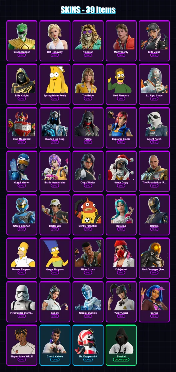 [PS4/PS5/XBOX/PC] | Green Ranger | Cat Holloway | Kingston | Marty McFly | Elite Jules | 39 skin | 85 pickaxe | 43 emote | 57 glider | Lv755