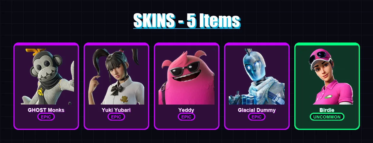 [PC/XBOX/PSN] | GHOST Monks | Yuki Yubari | Yeddy | Glacial Dummy | Birdie | 5 skin | 30 pickaxe | 17 emote | 23 glider | Lv372
