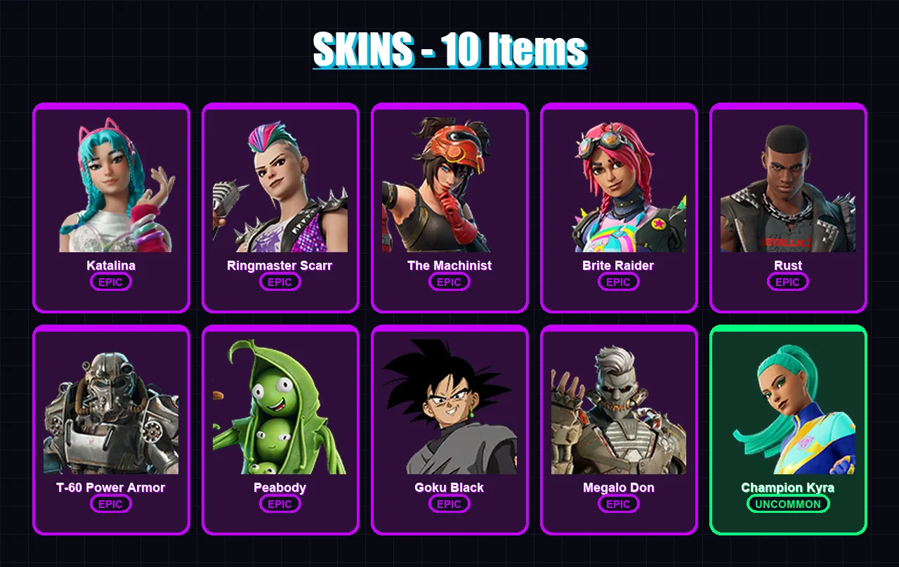 [SWITCH/XBOX/PSN/PC] | Katalina | Ringmaster Scarr | The Machinist | Brite Raider | Rust | 10 skin | 23 pickaxe | 13 emote | 15 glider | Lv210