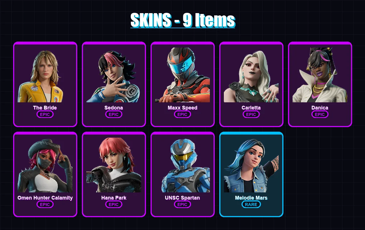 [PC/XBOX/PSN] | The Bride | Sedona | Maxx Speed | Carletta | Danica | 9 skin | 4 pickaxe | 2 emote | 1 glider | Lv2
