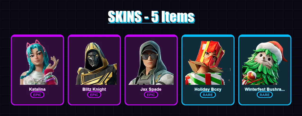 [PC/XBOX/PSN] | Katalina | Blitz Knight | Jax Spade | Holiday Boxy | Winterfest Bushranger | 5 skin | 30 pickaxe | 11 emote | 20 glider | Lv323