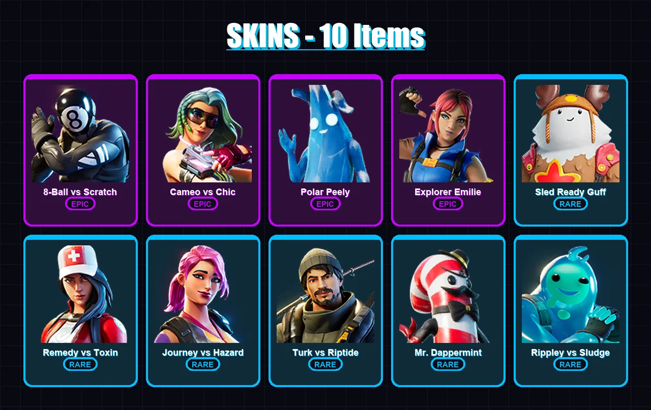 [PS4/PS5/XBOX/PC] | 8-Ball vs Scratch | Cameo vs Chic | Polar Peely | 10 skin | Lv201