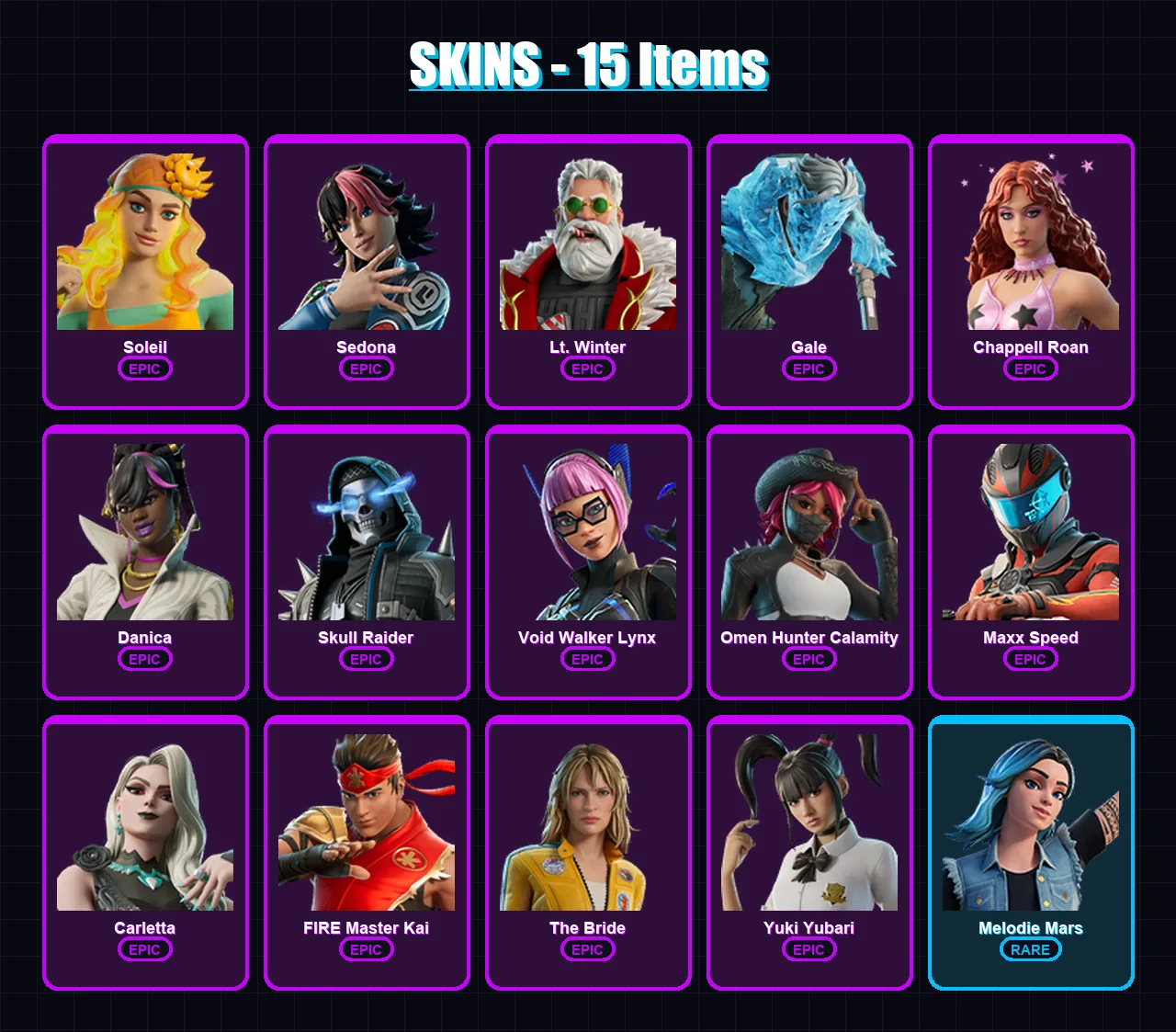 [PC/XBOX/PSN] | Soleil | Sedona | Lt. Winter | Gale | Chappell Roan | 15 skin | 13 pickaxe | 9 emote | 3 glider | Lv27