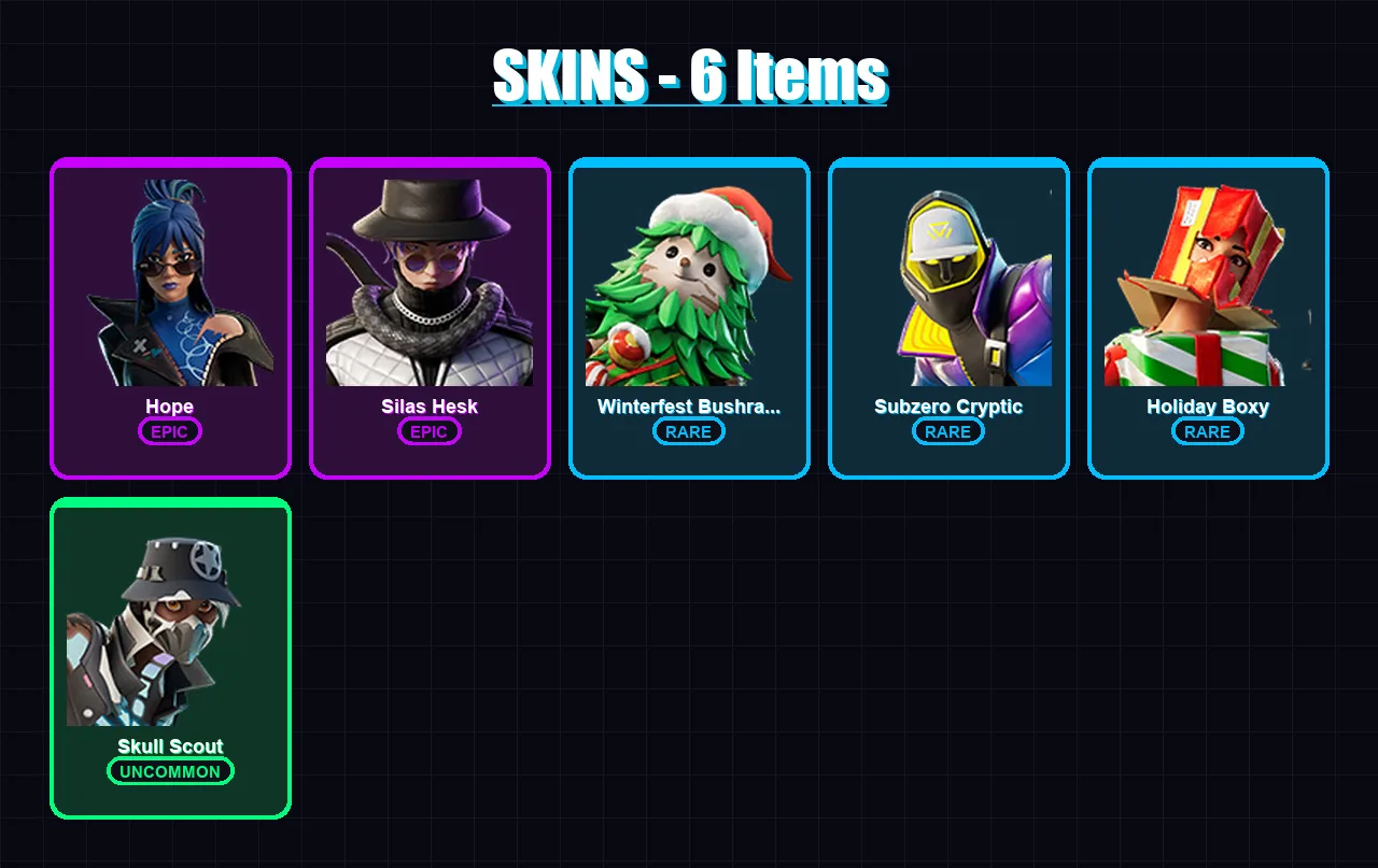 [PS4/PS5/XBOX/PC] | Hope | Silas Hesk | Winterfest Bushranger | Subzero Cryptic | Holiday Boxy | 6 skin | 5 pickaxe | 4 emote | 7 glider | Lv18