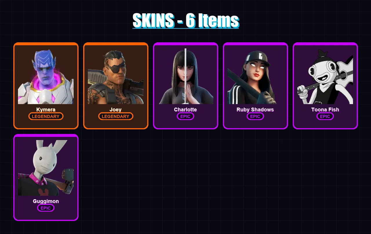 [PC/XBOX/PSN] | Kymera | Joey | Charlotte | Ruby Shadows | Toona Fish | 6 skin | 6 pickaxe | 7 emote | 11 glider | Lv183