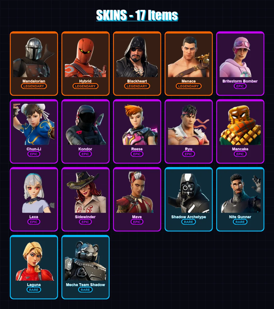 [PC/XBOX/PSN] | Mandalorian | Hybrid | Blackheart | Menace | Britestorm Bomber | 17 skin | 15 pickaxe | 8 emote | 15 glider | Lv184